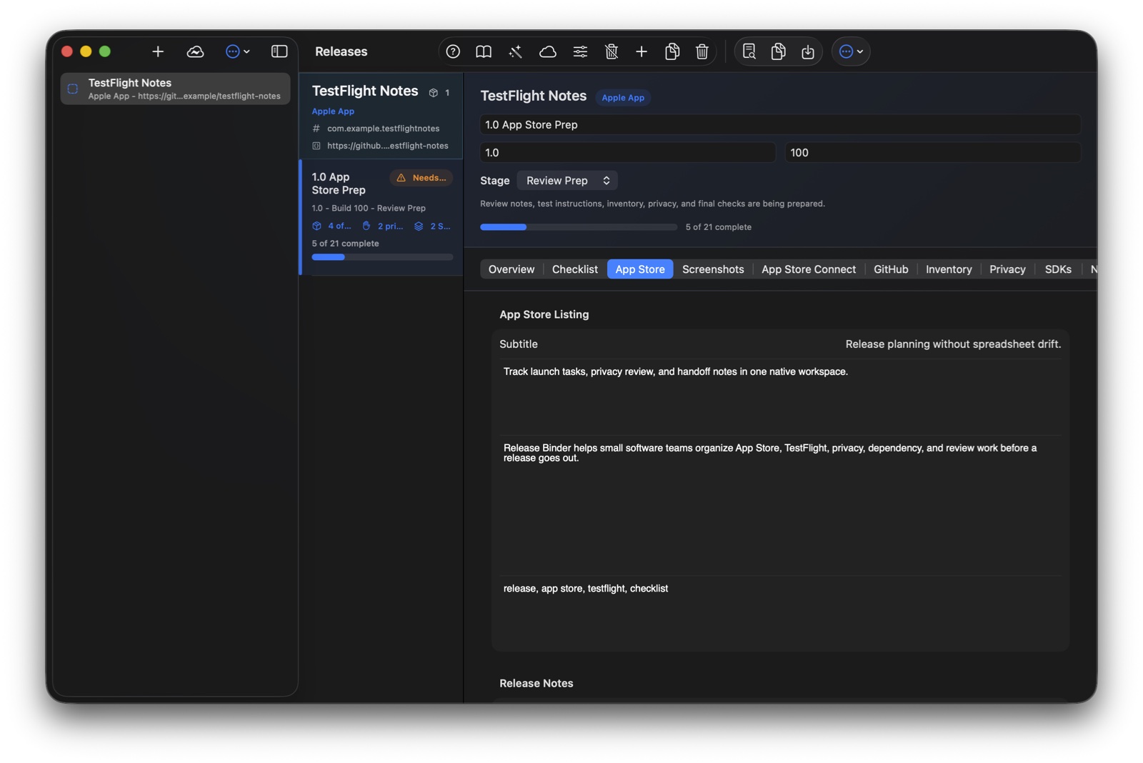 Release Binder App Store metadata tab with listing fields and review prep notes.
