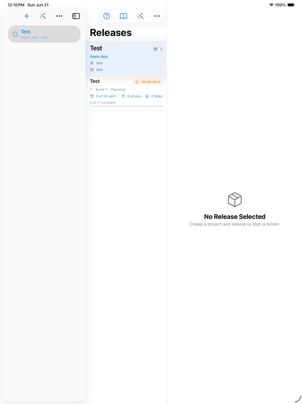 Release Binder running on iPad with sidebar, release list, and detail area.